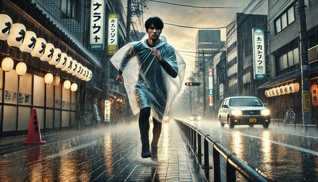 自作のランニングポンチョで簡単雨対策